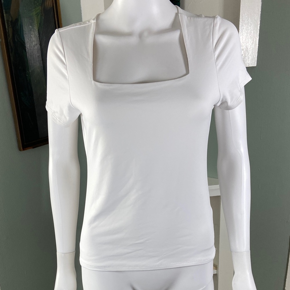 BUCKLE BLACK White Square Neck Short Sleeve Tee T SHIRT top large stretch